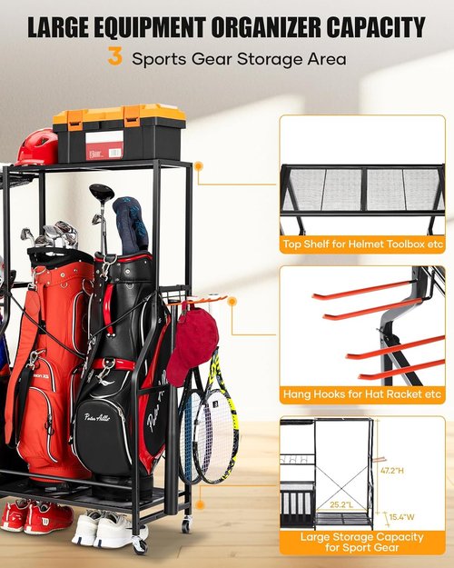 Garage Sports Equipment Organizer - Heavy-Duty Rolling Golf Bag Storage Rack with Bins & Hooks | Black, Large