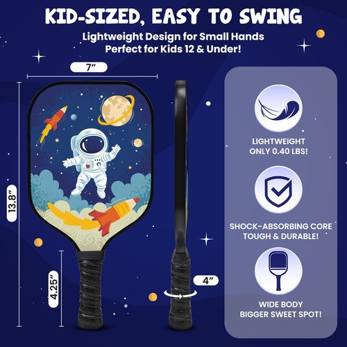 Dany x Kevin Kids Pickleball Paddle – Astronaut & Galaxy Design for Ages 3–12 | Lightweight Fiberglass (0.37 lbs) | Small, Comfy Grip | Fun Beginner Gift for Boys, Girls, Toddlers & Youth