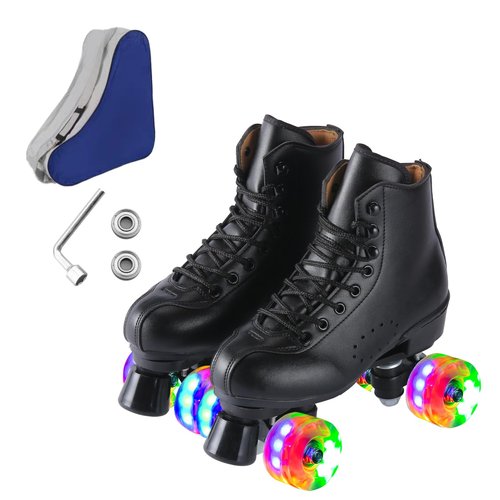 Ugboiu Roller Skates for Men and Women, Black Derby Roller Skates with 4 Shiny Wheel, Classic Double-Row Skates for Indoor and Outdoor