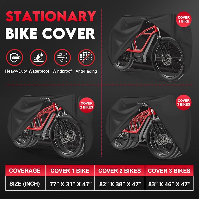 Stationary 3-Bike Cover, 600D Waterproof Large Outdoor Storage - Bike Cover, 83" x 46" x 47", Includes Carry Bag (XXL - 3 Bikes) by Zettum