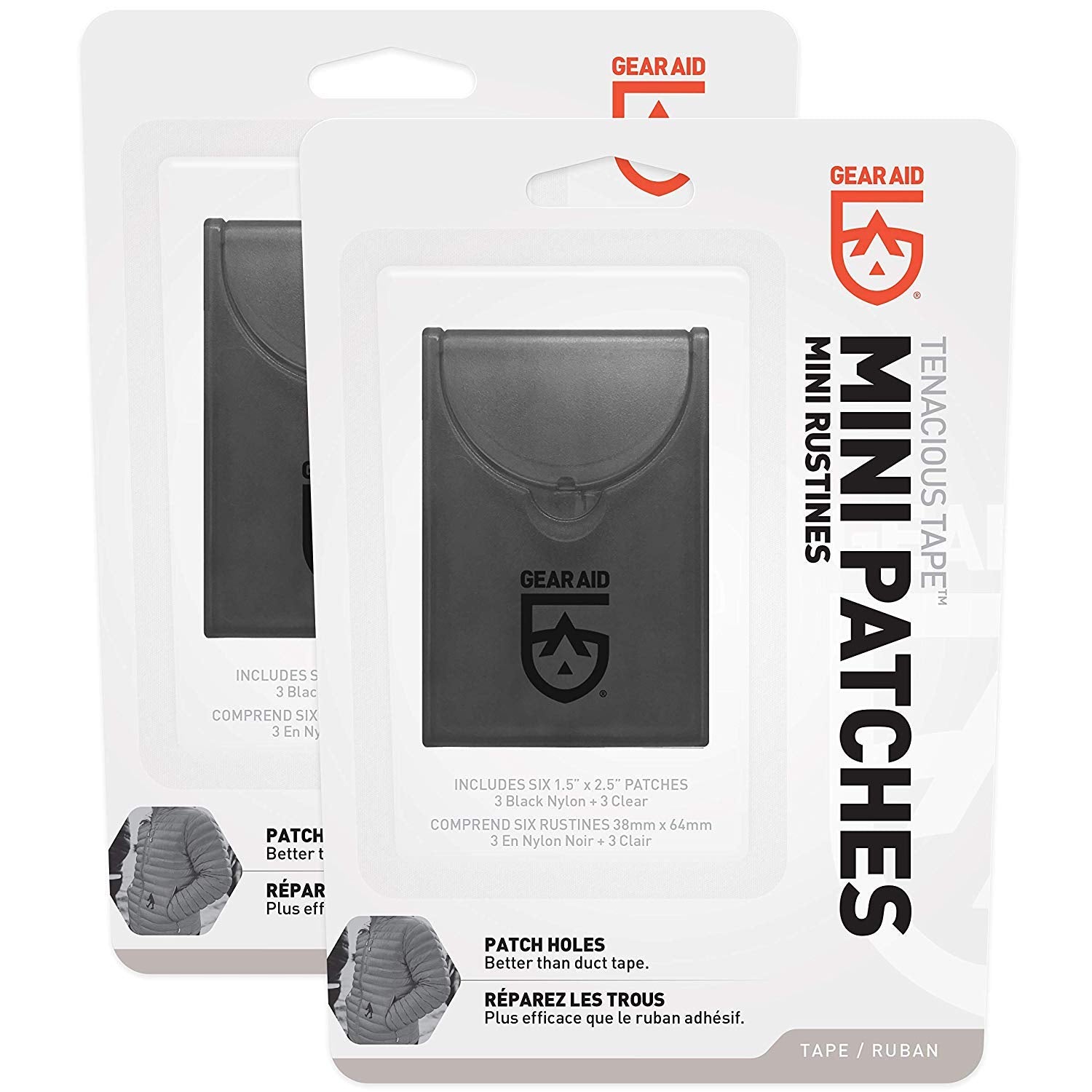 GEAR AID Tenacious Tape Mini Patches with Compact Pocket Case to Repair Holes and Tears in Micro Down Jackets, Vests, Tents, Rain Gear, and Outdoor Gear, 12 Patches (6 Clear, 6 Black)