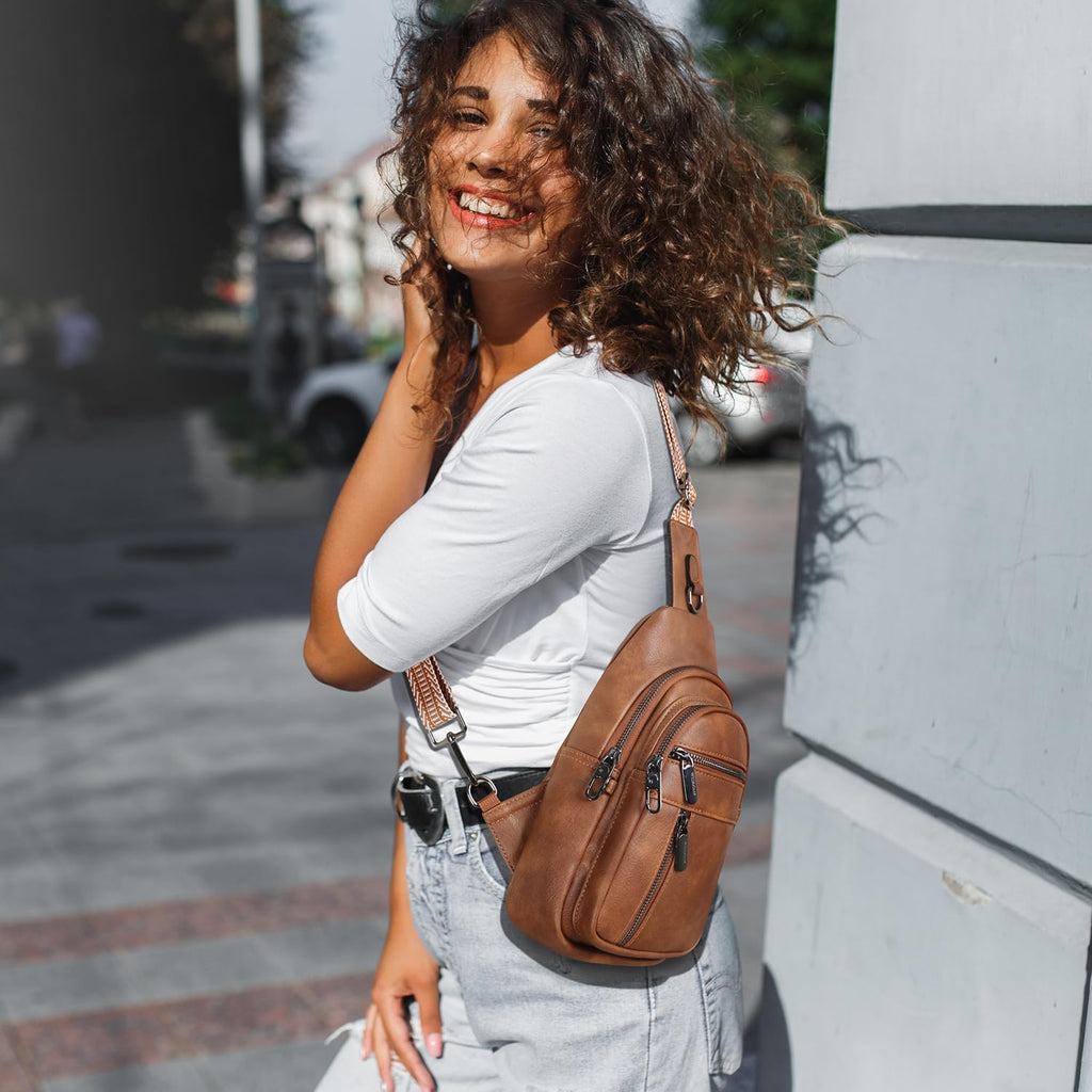 Skiennix Anti-Theft Sling Bag - Stylish PU Leather Crossbody Chest Pack for Women | Brown, Adjustable Strap