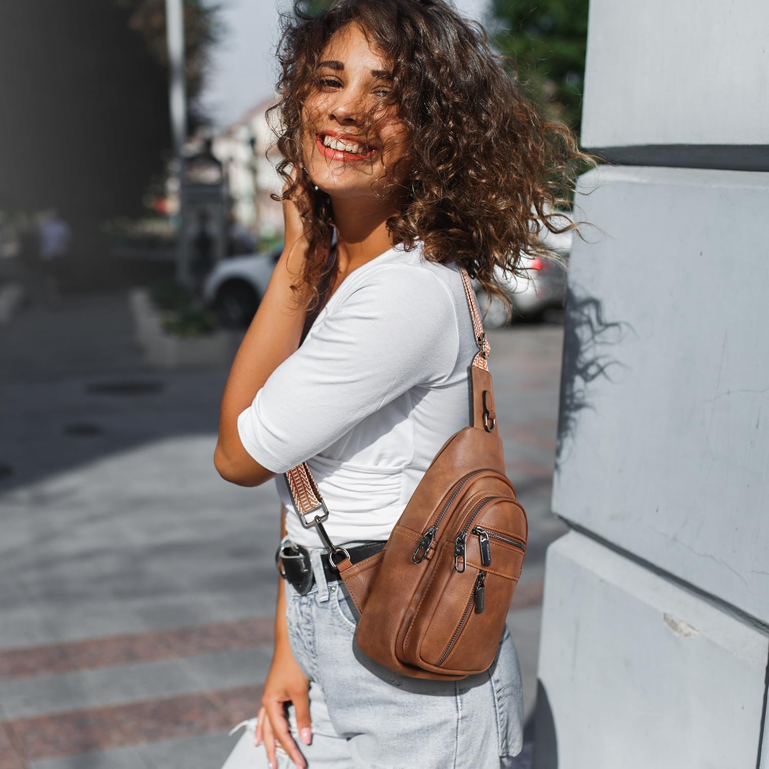 Skiennix Anti-Theft Sling Bag - Stylish PU Leather Crossbody Chest Pack for Women | Brown, Adjustable Strap