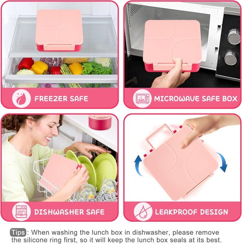 MAXSO Bento Lunch Box Set - Leakproof 4-Compartment Hot Food Container with 8 oz Soup Thermo - Pink