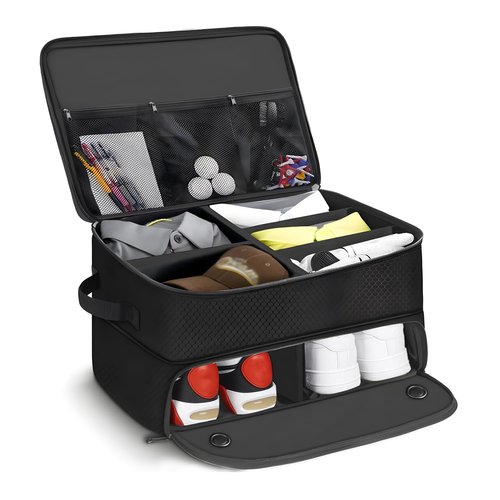 UFHUFH Golf Trunk Organizer Storage with Separate Compartment for 2 Pair Shoes Up to US Mens 16,2 Layer Golf Trunk Organizer,Waterproof Car Trunk Locker for Balls, Tees,Gifts for Golfers