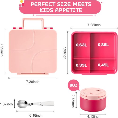 MAXSO Bento Lunch Box Set - Leakproof 4-Compartment Hot Food Container with 8 oz Soup Thermo - Pink