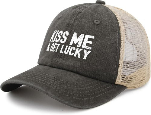 Kiss Me and Get Lucky Hat - Funny Trucker Hat for Men | Perfect Birthday Gift