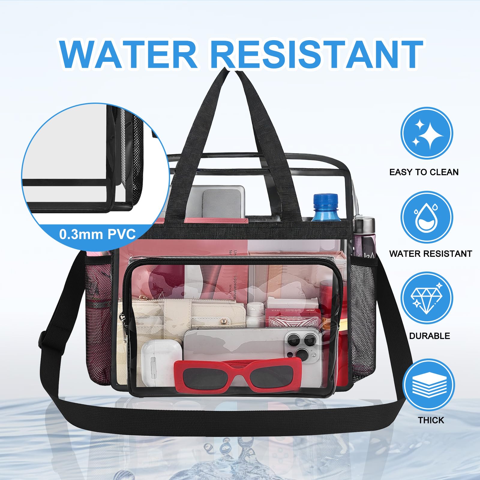Busiuw Clear Bag for Stadium Events, Stadium Approved 12x12x6 Clear Tote Bag with Reinforced Straps for Sport Fan, Work Concert Travel(Black)