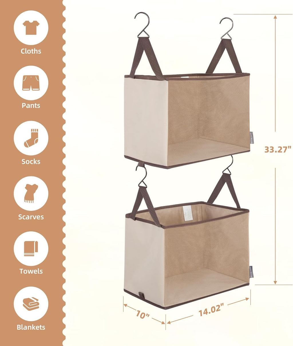 Storage Maniac 2-Shelf Hanging Closet Organizer - Beige Canvas Shelf with Hooks for Dorm & Bedroom