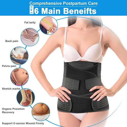 TiRain 3 in 1 Postpartum Belly Wrap C Section Belly Abdominal Binder 3-Piece Postpartum girdles Support Recovery Belly Band, Black Plus Size Fit US Size 14-18