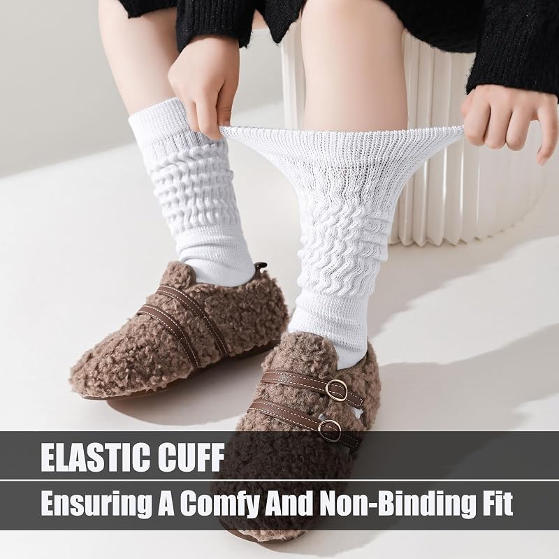 Girls Slouch Socks 3 Pairs Knee High Warm Knit Scrunch Boot Socks White
