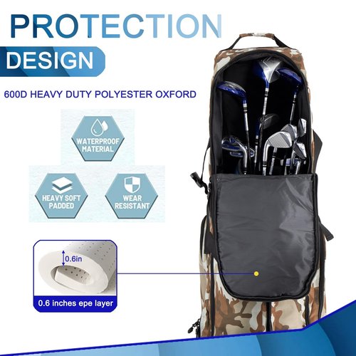 Golf Travel Bags for Airlines with Wheels,Golf Bag 900D Heavy Duty Oxford Wear-Resistant Soft-Sided Golf Club Flight Bag with Adjustable Support Rod,Brown Camo