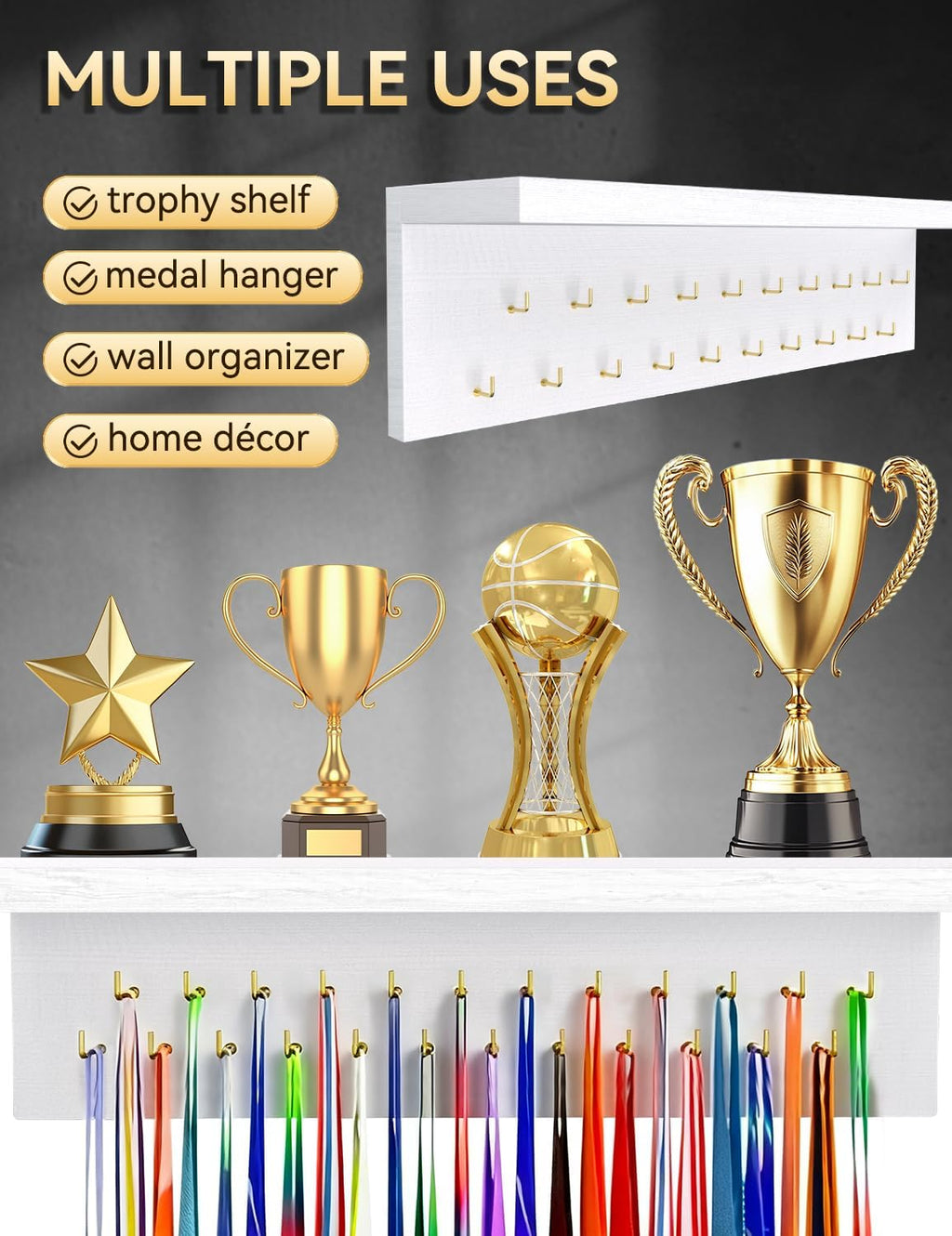 Wooden Medal Hanger Display - Sturdy 19 Hooks Trophy Shelf for Gymnastics, Soccer, Running Awards