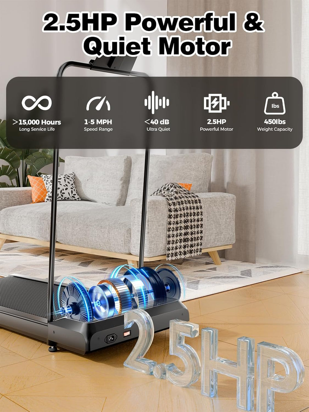 Skiennix Walking Pad Treadmill - Compact Design with 10% Incline for Home Fitness