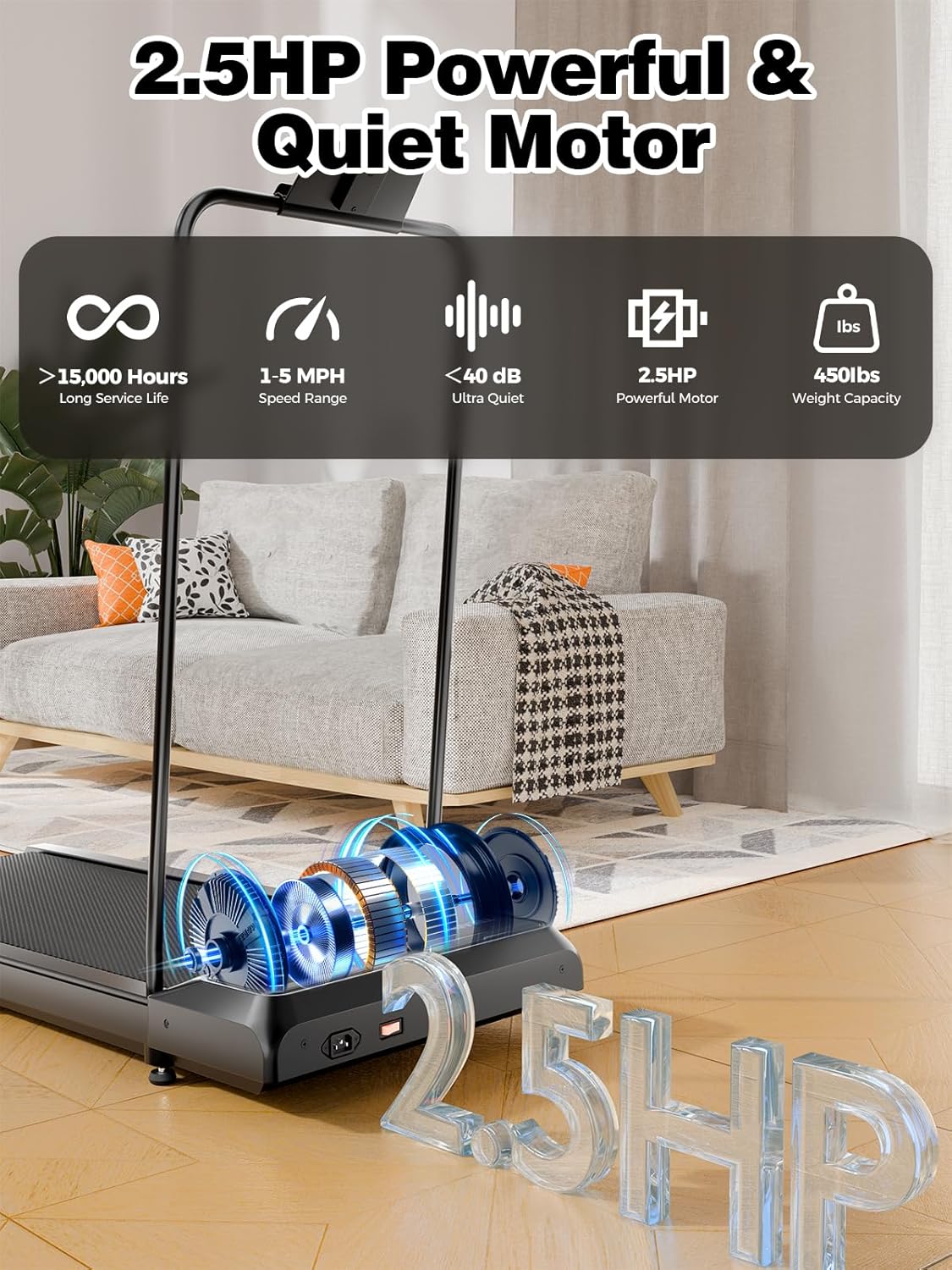 Skiennix Walking Pad Treadmill - Compact Design with 10% Incline for Home Fitness