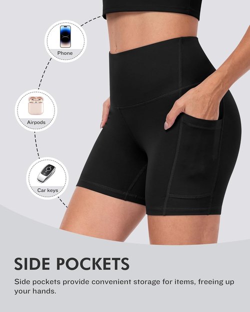 CHRLEISURE Biker Shorts for Women - 5-Inch High Waisted Tummy Control with Pocket - 6 Pack
