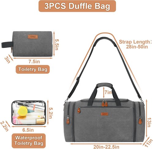 Canvas Men's Duffle Bag - Expandable 50L Travel Weekender with Toiletry Bag & Removable Shoulder Strap