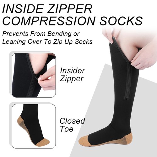 Tarpop 4 Pair Zipper Compression Socks Closed Toe 20-30 Mmhg Calf Knee High Compression Stocking for Men Women Swelling Edema (Large / X-Large,Yin-yang Pattern)