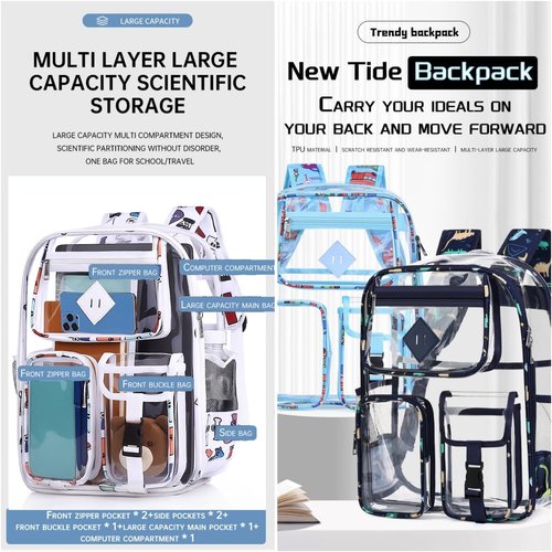 Clear Backpack by [Brand Name] - Heavy Duty PVC for Stadium, Travel & Work | Dual Zippered Compartments & Mesh Pockets (White)