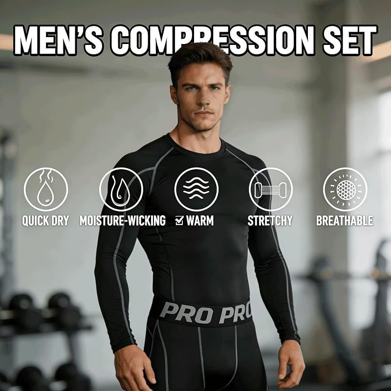 Men's Thermal Base Layer Set - Compression Shirt & Pants, 210 GSM Brushed Knit, Black, Large