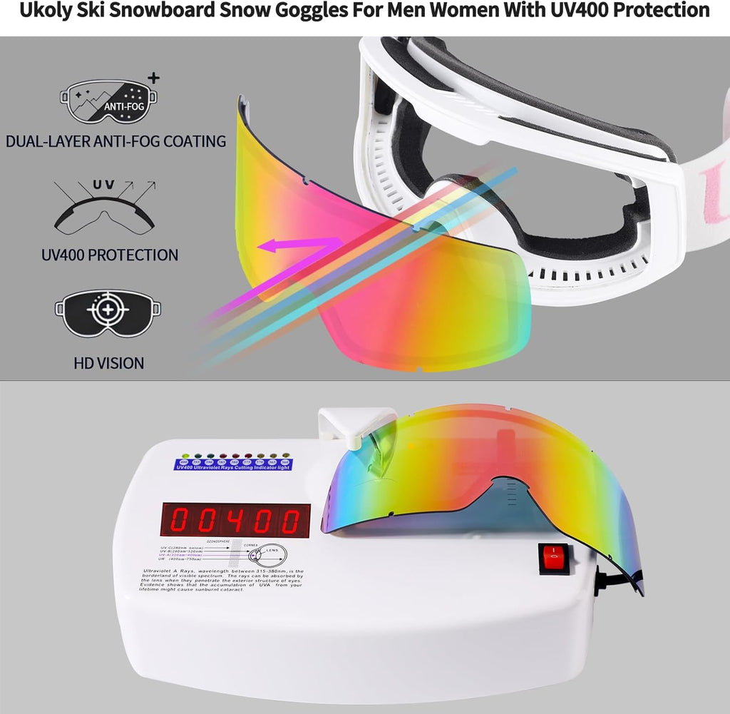 Ukoly Ski & Snowboard Goggles - HD Anti-Fog Lens, OTG Design, UV400 Protection | Men & Women