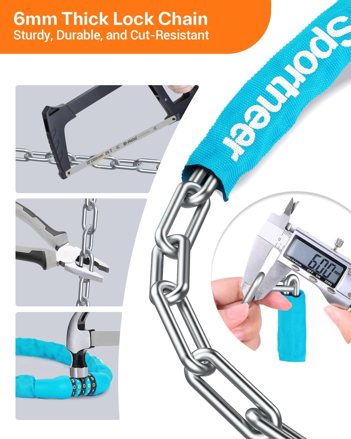 Sportneer Bike Lock - High Security 5-Digit Combination Anti-Theft Chain Lock | 3.2/3.6/4ft Heavy Duty for Bikes, Motorcycles, Scooters, and Gates - 4/6mm Thick, Keyless Design