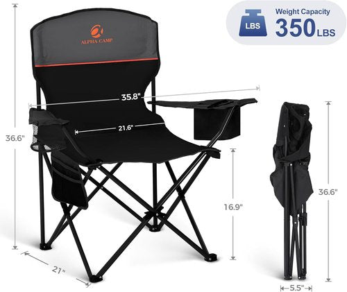 LET'S CAMP Folding Camping Chair 2-Pack - Portable Lawn Chairs with Cooler Bag & Cup Holder | Supports 350LBS (Black)