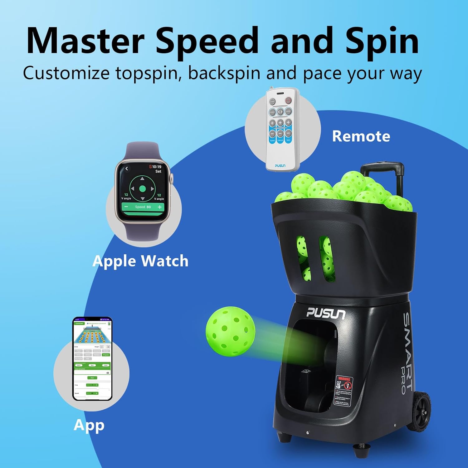 PP-Smart Pro Pickleball Machine - Portable 100+ Ball Launcher with App & Remote, 10 Modes, 20-70 mph