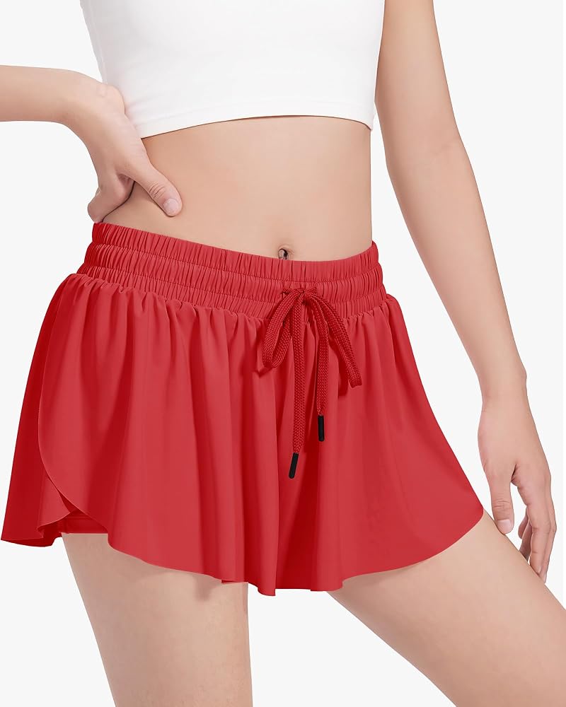 HASMES Girls Butterfly Shorts 2-in-1 Flowing Athletic Shorts Red 7-8Y