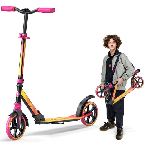 Outdoor Cruiser Kick Scooter for Ages 6+, for Kids, Teens, and Adults, Max Load 250 LBS, Foldable, 8-inch Big Wheels, Dual Suspension, 3 Adjustable Levels, Child Safety Approved, Yellow and Pink