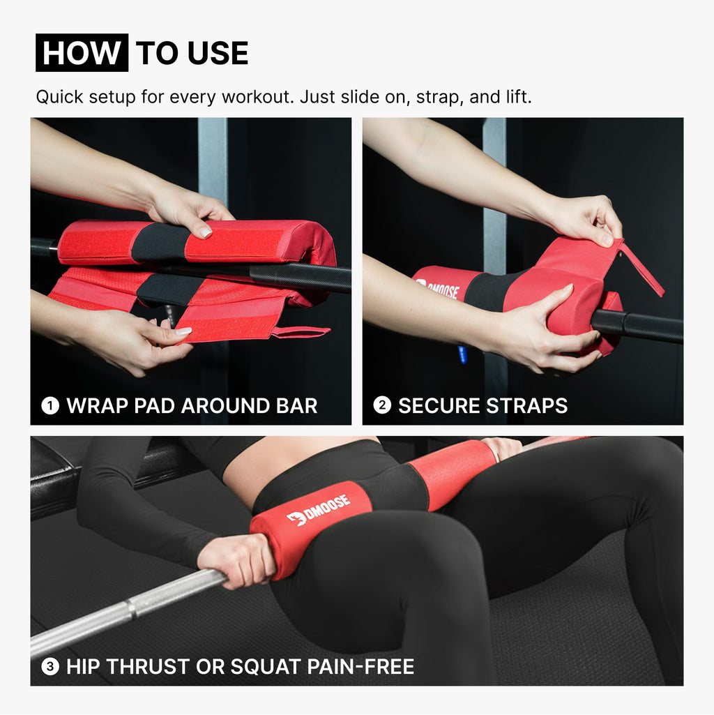 DMoose Fitness Barbell Squat Pad - Hip Thrust Pad for Squats & Lunges - Relief Pressure from Neck, Shoulder & Lower Back - Non-Slip EVA Foam with Safety Straps for Gym & Home - (Black Fabricated)
