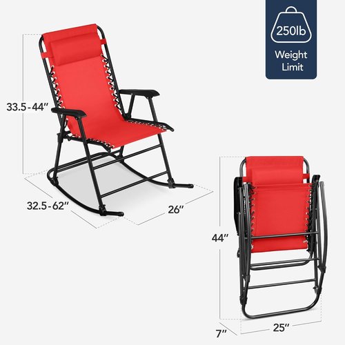 Best Choice Products Zero Gravity Rocking Chair - Folding Reclining Patio Lounge Chair with Adjustable Pillow - Crimson Red