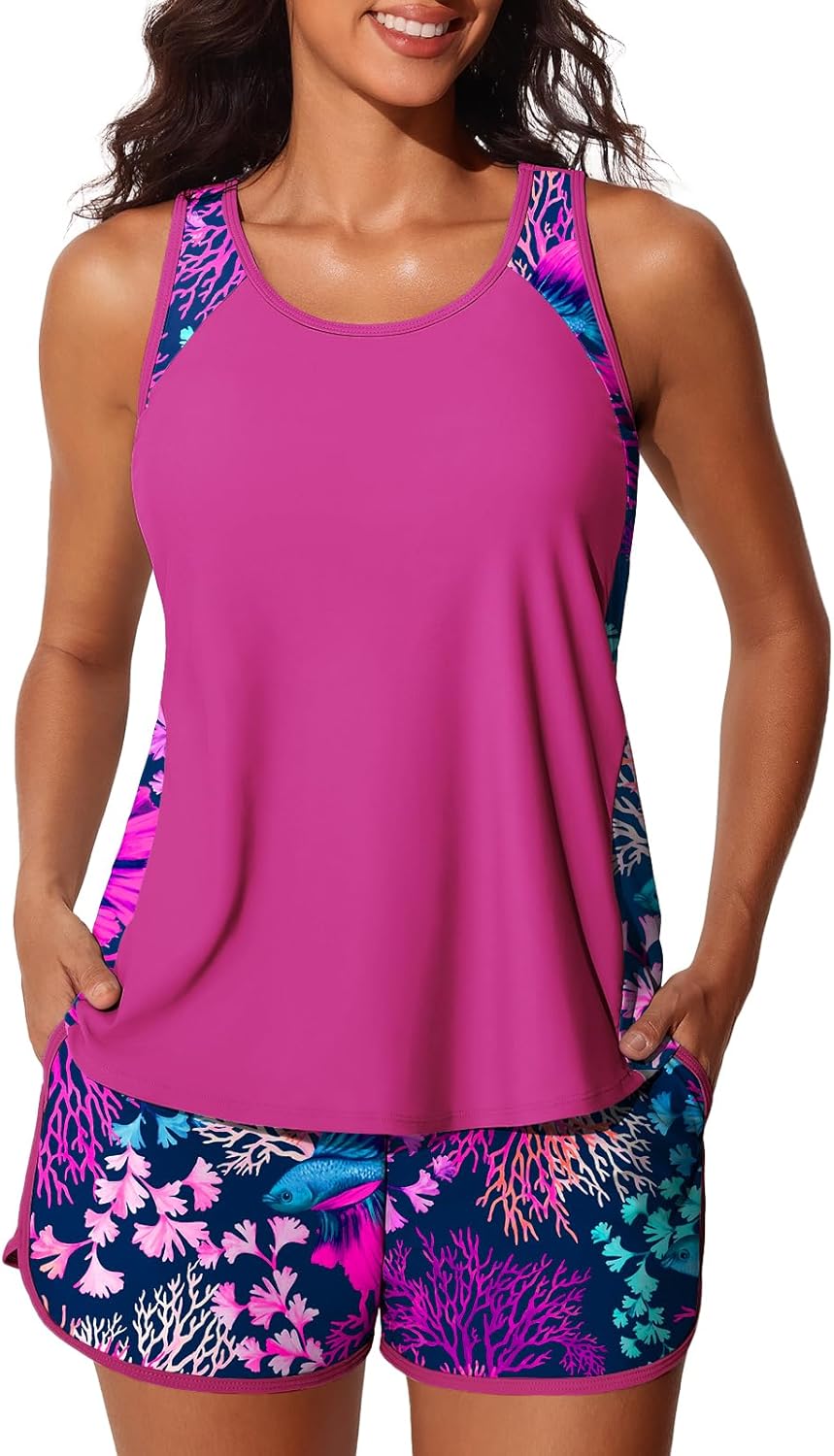 Summer Mae Blouson Tankini Swimsuits for Women 2026 Tummy Control Two Piece Bathing Suits with Sporty Pockets Swim Shorts