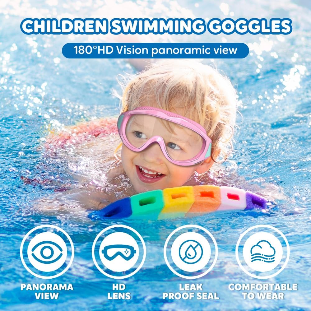 Skiennix Kids Swim Goggles - Wide View Anti-Fog & Leakproof Design | Adjustable Strap & Nose Cover