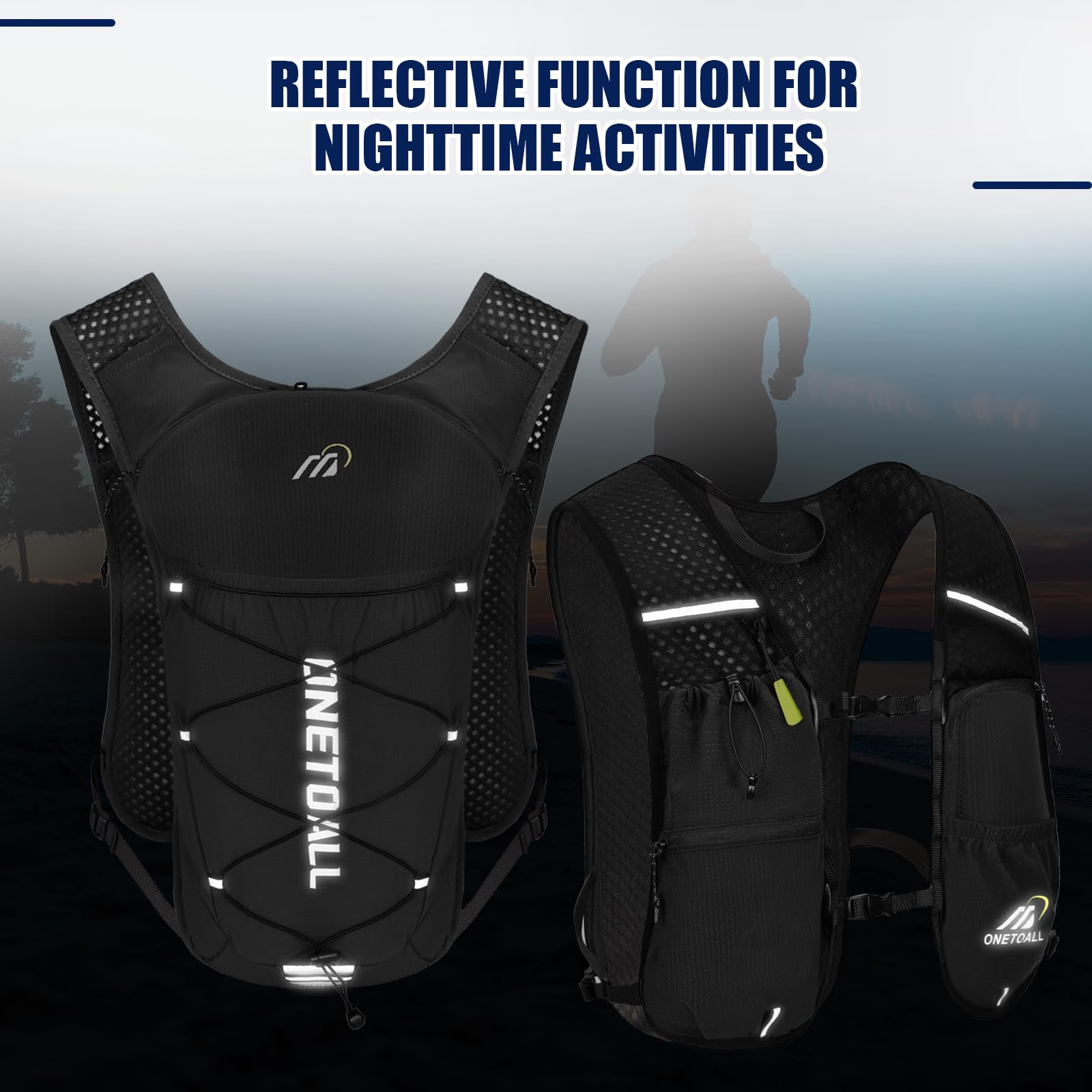 ONETOALL Running Vest for Women & Men,6L Hydration Backpack with 2L Water Bladder,Lightweight Water Backpack for Trail Running, Marathon, Hiking, Cycling, Jogging, Adjustable Fit Black
