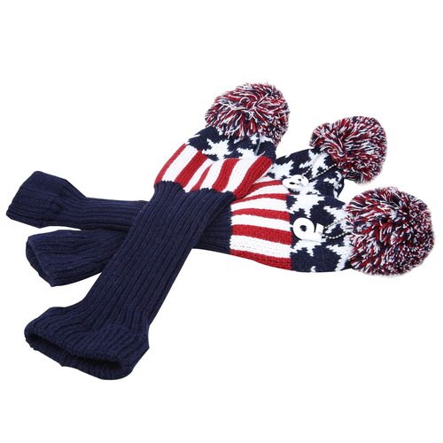 Golf Builder 3pcs/Set USA Stars and Stripes Knitted Golf Head Covers Sock Covers Pom Pom Covers for Driver Fairway Wood (Red)