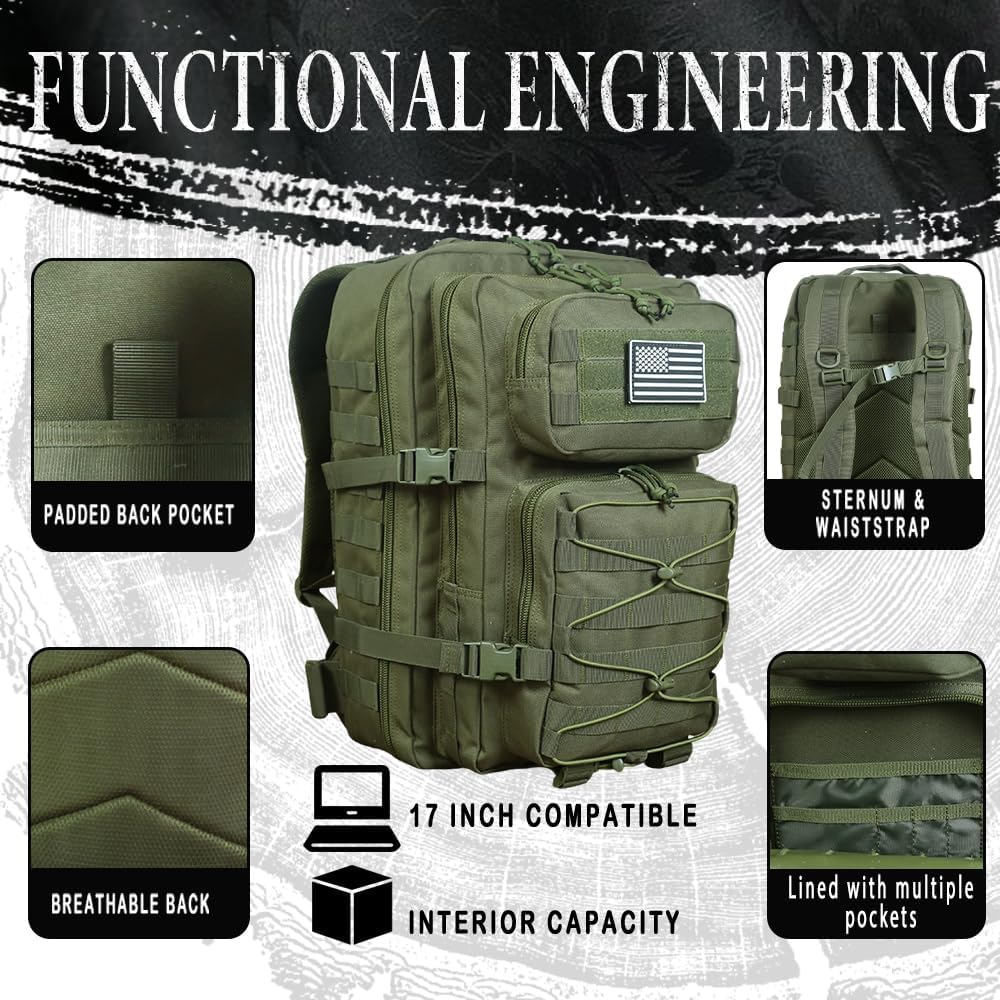 Skiennix Military Tactical Backpack - 3-Day Assault Pack with Molle System | Black, 38L Capacity