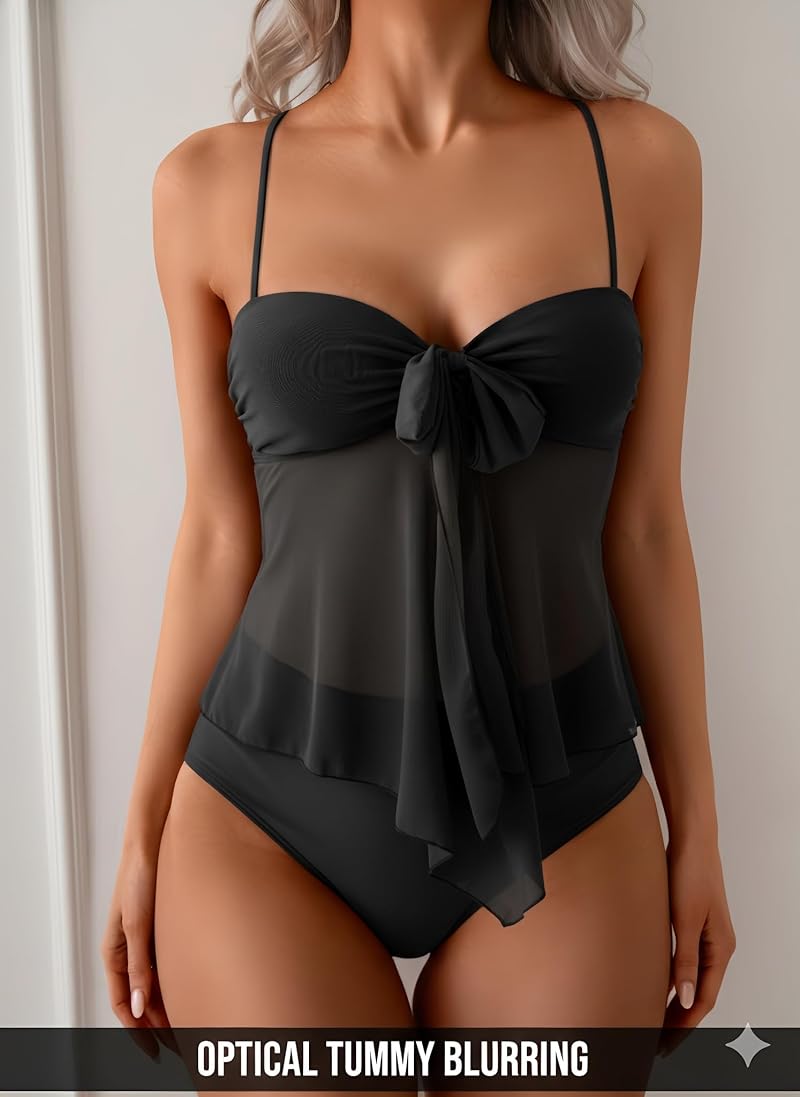 B2prity Women's Tankini Swimsuit with Tummy Control & Mesh Top - Black, Large