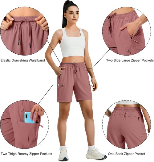 Hugut Women's Quick-Dry Hiking Cargo Shorts - Lightweight, Water-Resistant, Zipper Pockets | Ideal for Camping & Travel