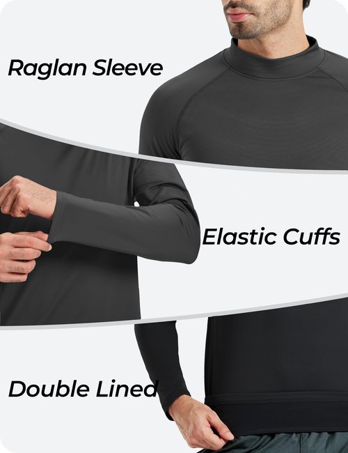 Gofeat Thermal Shirts for Men Turtle Mockneck Base Layer for Men Long Johns Black Flecce Lined Shirt Cold Gear, Large