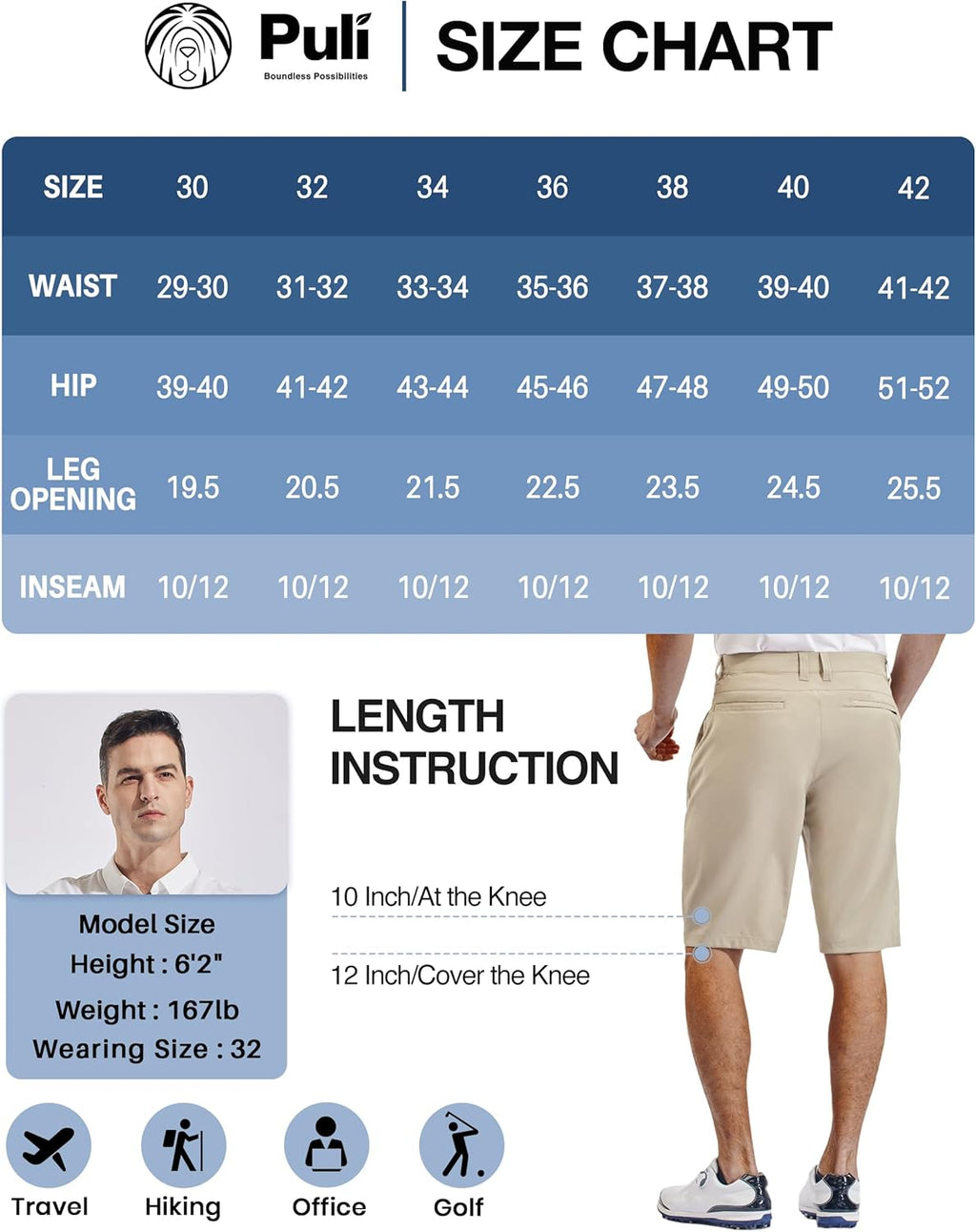PULI Men's Golf Hiking Shorts - Lightweight Quick-Dry Casual Wear | 12"/10" Inseam with Pockets