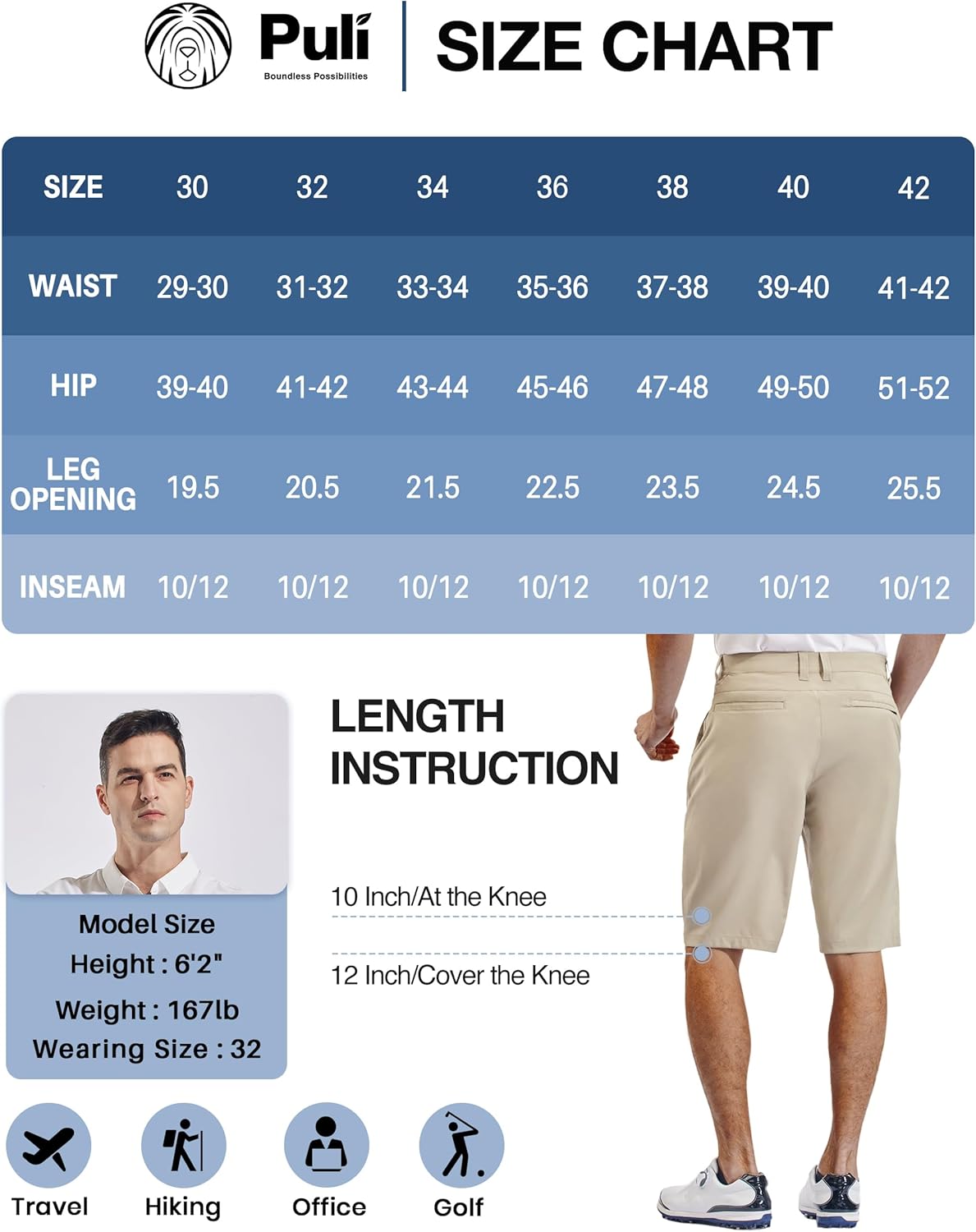 PULI Men's Golf Hiking Shorts - Lightweight Quick-Dry Casual Wear | 12"/10" Inseam with Pockets