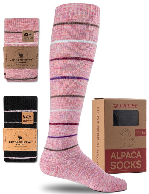 Juclise Alpaca Wool Heavyweight 15-25 mmHg Knee High Compression Support Socks Thick Winter Thermal Warm Soft (US, Alpha, Large, Regular, Regular, Black Lines+Dusty Pink Lines)