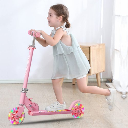 TENBOOM Scooter Toys for Kids Ages 6-12/3-5, Max Load 220 LBS, Foldable Lightweight Kick Scooter with Light Up Wheels, Kickstand, 3 Adjustable Levels, Rear Brake, Pink
