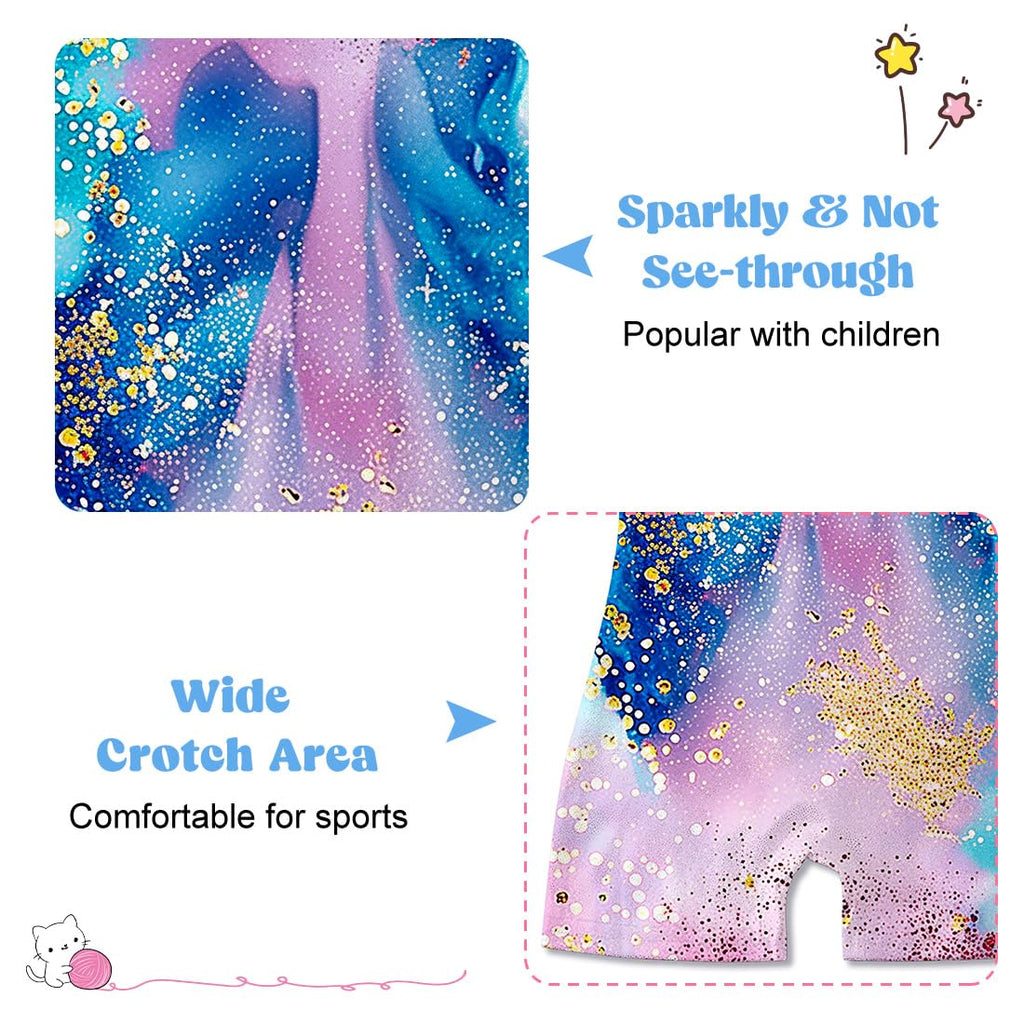 Funnycokid Gymnastics Leotards for Girls Dance Outfits Unitard Sparkly Clothes with Shorts, Diamond Blue Pink, 5-6 Years