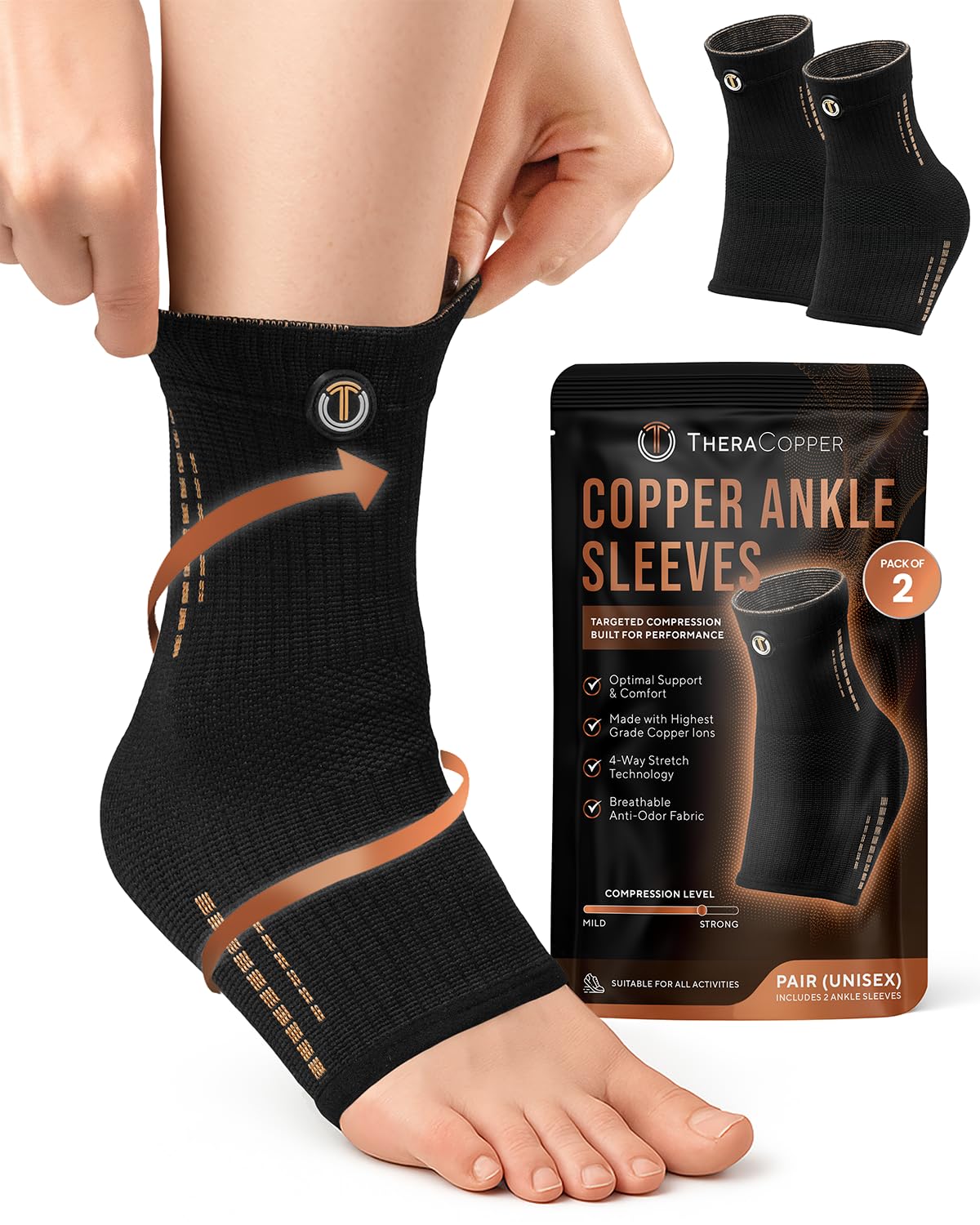 TheraCopper Copper Ankle Brace (2 Pack) — Compression Ankles Brace for Men & Women — Infused Copper Ankle Sleeve Compression Support for Pain Relief, Swelling, Sprains, Achilles Recovery & Sports (Medium)