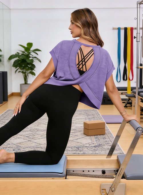MIHOLL Open Back Tops for Women Short Sleeve Backless Y2K Cute Tees Workout Gym Trendy Summer T Shirts (Purple, Small)