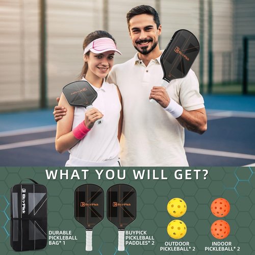 Pickleball Paddle Set of 2 for Beginners & Intermediates – Carbon Fiber Face, 16mm Polypropylene Honeycomb Core, Perforated Anti-Slip Grip – USA Pickleball Approved – 4 Balls + Carry Bag