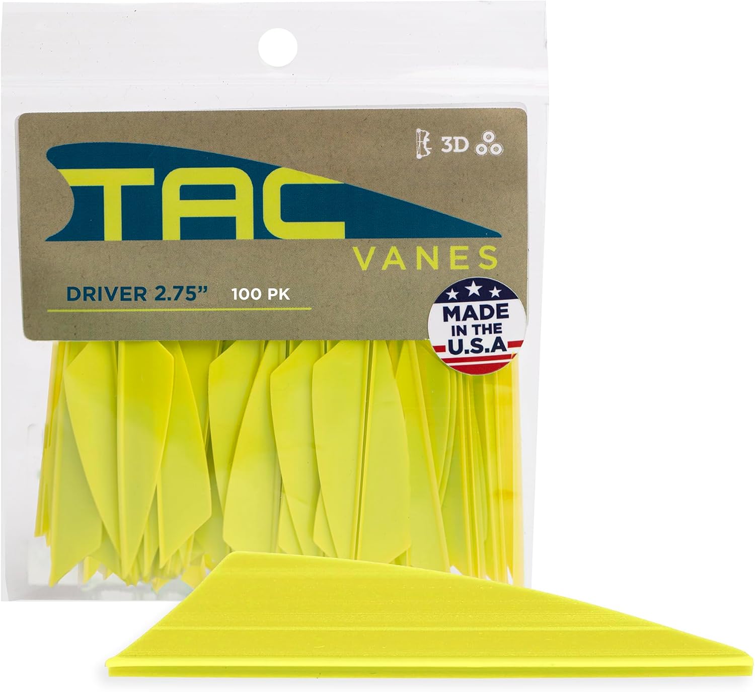 TAC Vanes 2.75" Driver Arrow Vanes - Durable, Lightweight Archery Fletching for Compound & Crossbow | Yellow 100 Pack