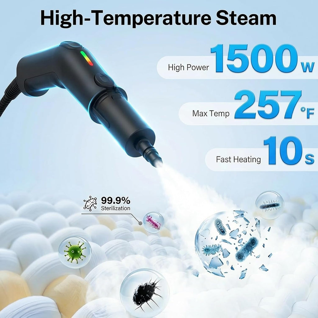 Skiennix Steam Cleaner - 3 Level Adjustable Pressurized Handheld Steamer | 10s Heat-Up, 1.9 Qt Tank for Home & Car Cleaning